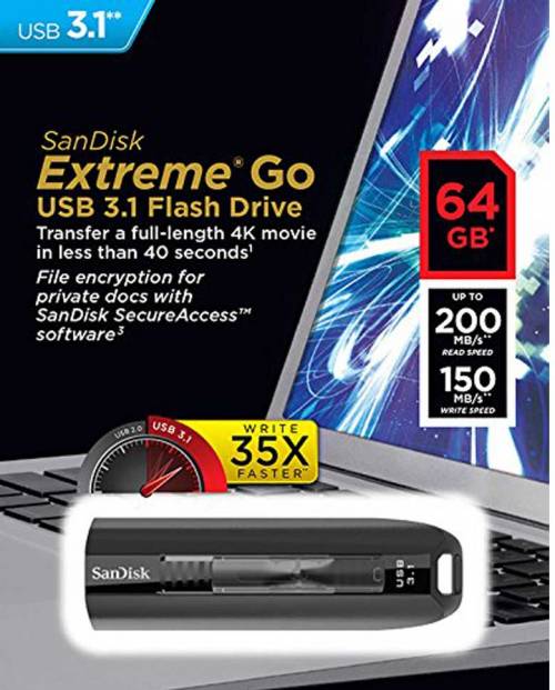 SanDisk Extreme Go USB 3.1 Flash Drive - 35x Faster than USB 2.0
